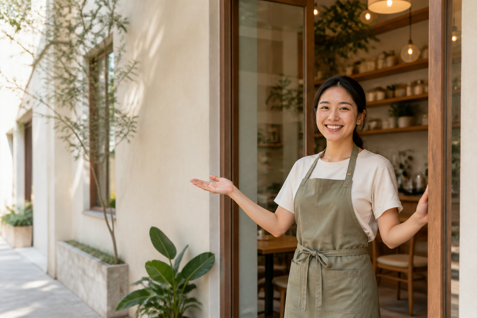 Chủ cơ sở kinh doanh chào đón khách hàng